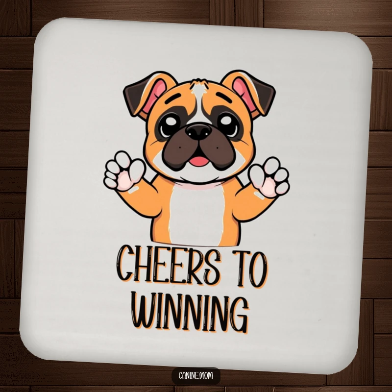 Funny drink coaster with an excited boxer dog raising tiny paws in a cheer, adding spirited humor and surface protection. A delightful and practical item.