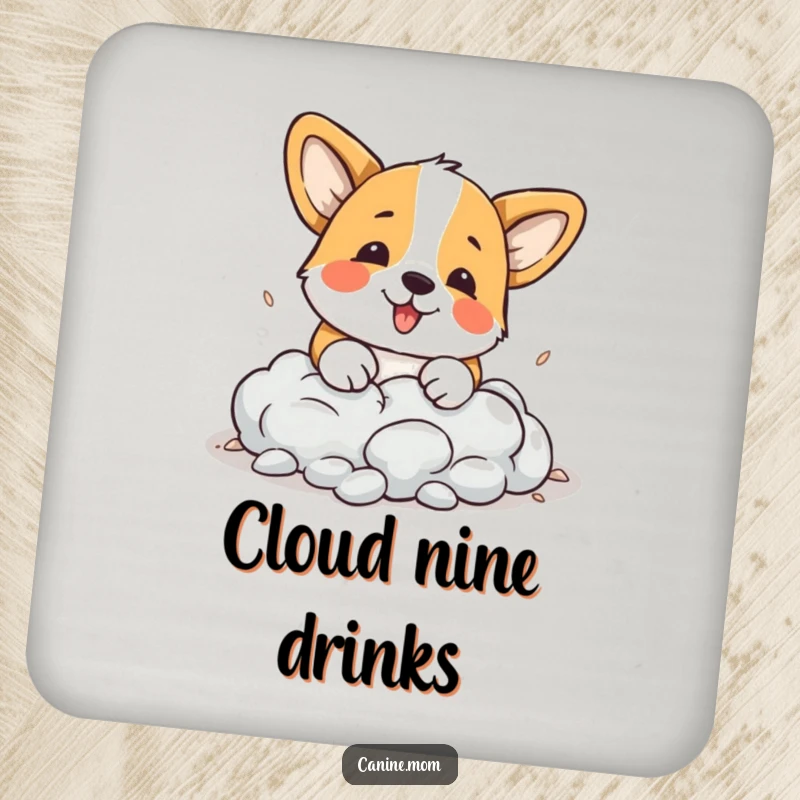 Funny Corgi Coasters: A playful corgi humorously digs into a cloud, designed to protect tables with whimsical style.