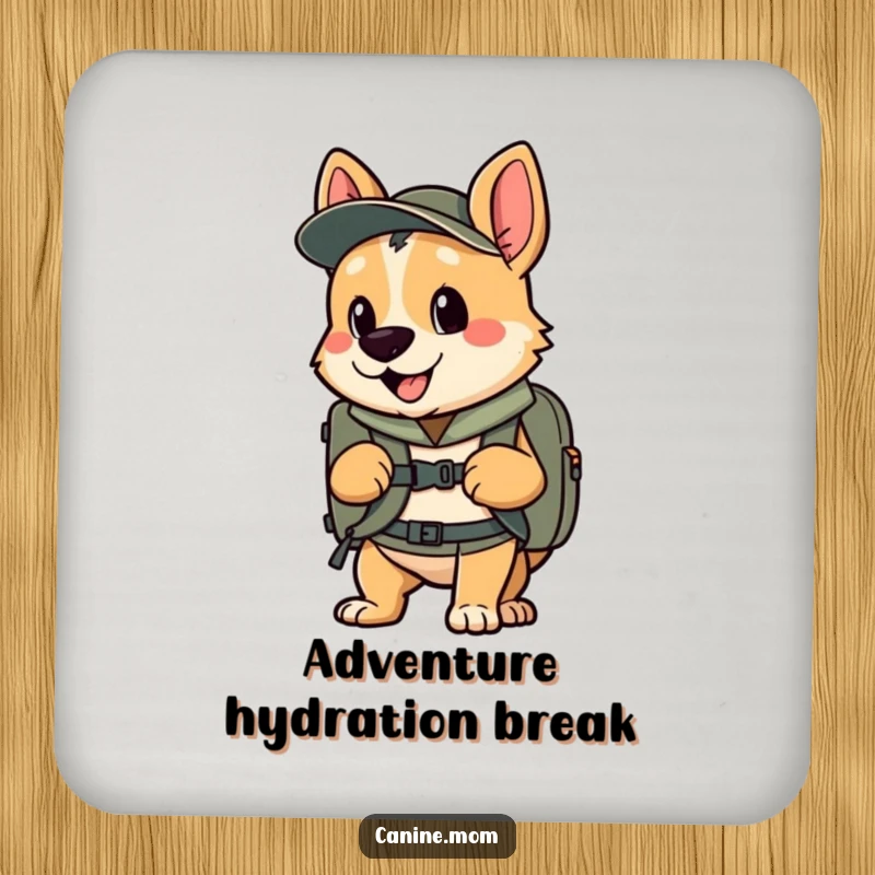 Funny drink coaster featuring an enthusiastic dog with a backpack, ready for adventure, a funny gift.