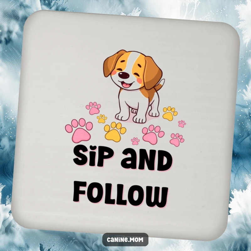 Funny Beagle drink coaster featuring a smiling dog happily sniffing a trail of giant, colorful paw prints, protecting surfaces with humor.