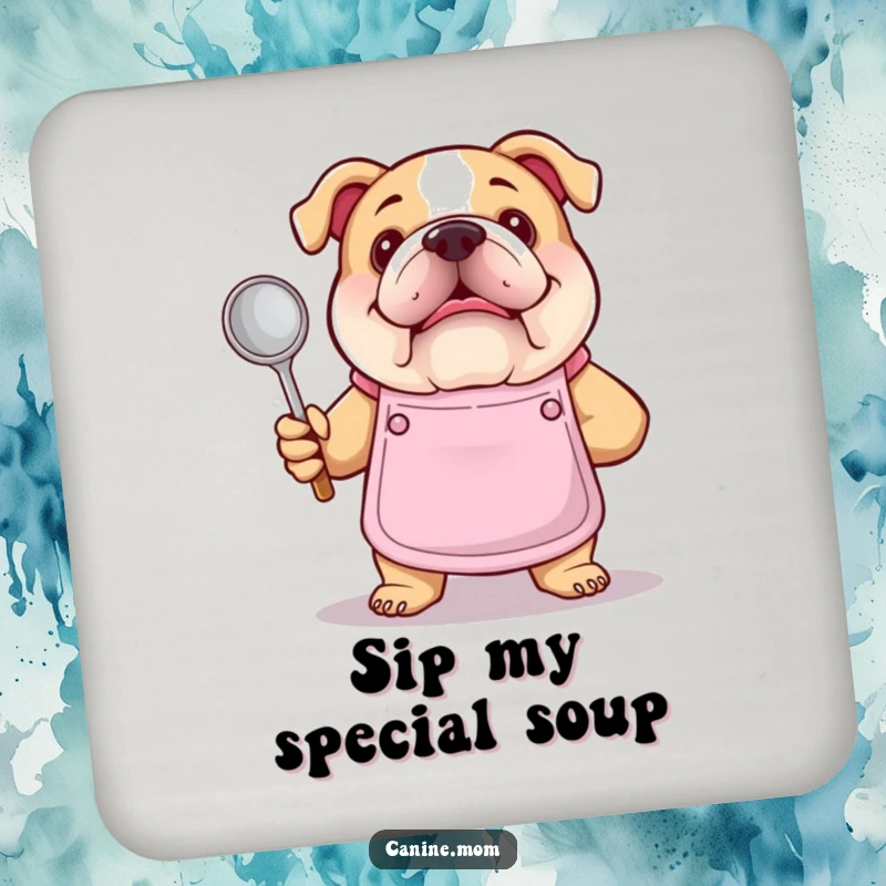 Funny bulldog chef coaster. A bulldog in an apron holds a soup ladle, protecting surfaces with a humorous and stylish kitchen accent.