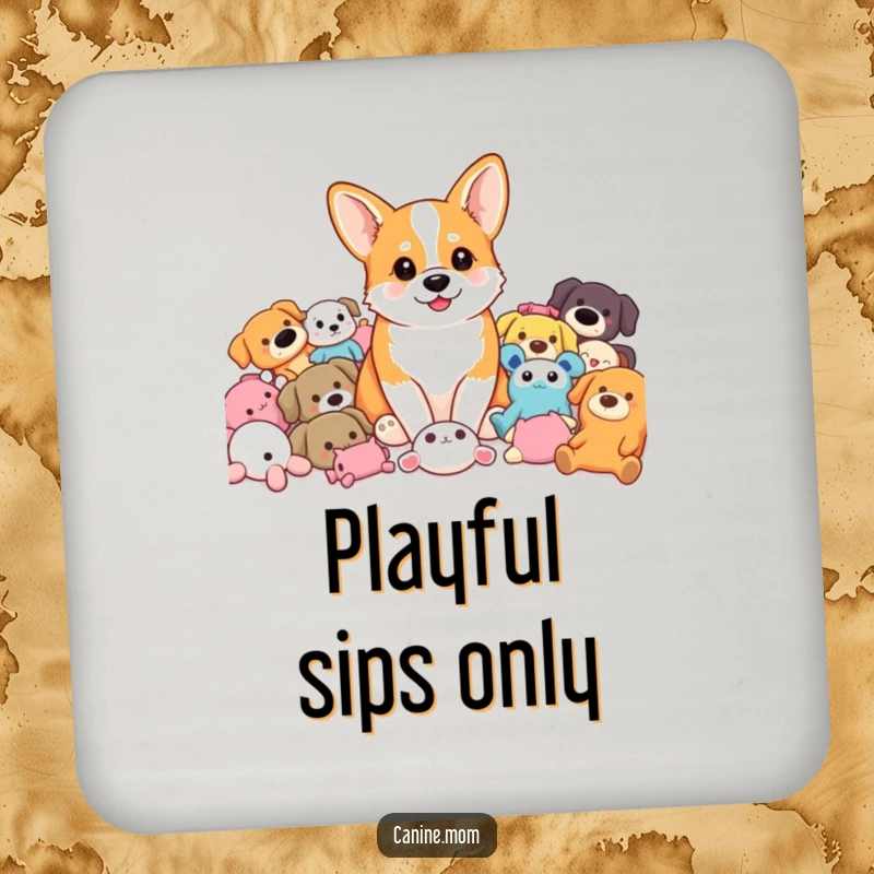 Funny Corgi Coasters: A corgi surrounded by a colorful array of dog toys, embodying pure joy. A great funny gift.