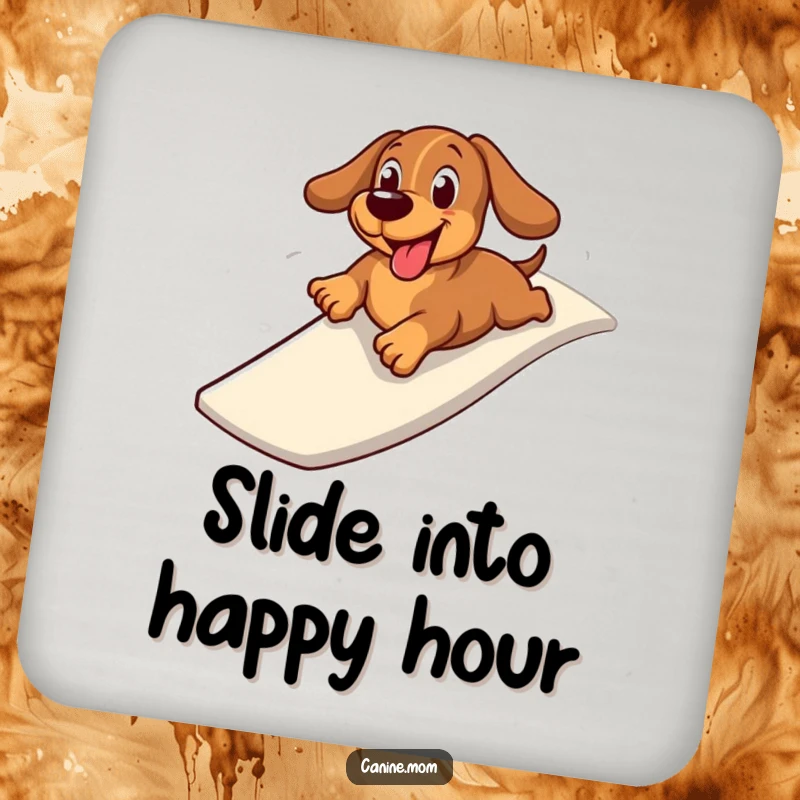 Funny coaster set featuring a cheerful dachshund zooming down a slide on its belly, protecting furniture with a dose of humor.
