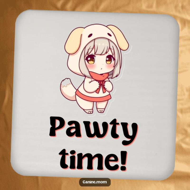 Funny Coasters: Woman in a dog costume, happily wagging a tail, protecting surfaces with playful charm.