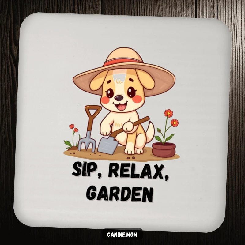 Funny dog drink coaster featuring a happy character in a floppy hat, gardening with a trowel, protecting surfaces.