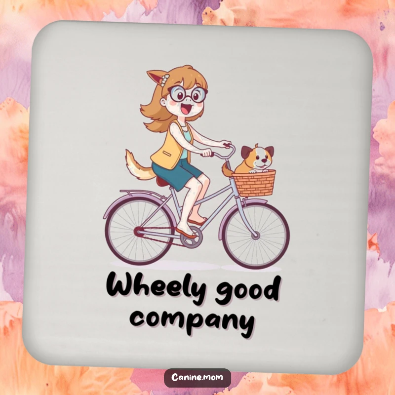 Funny drink coaster depicting a dog lady on a bicycle, with a basket overflowing with happy dogs, ready for a smooth ride.