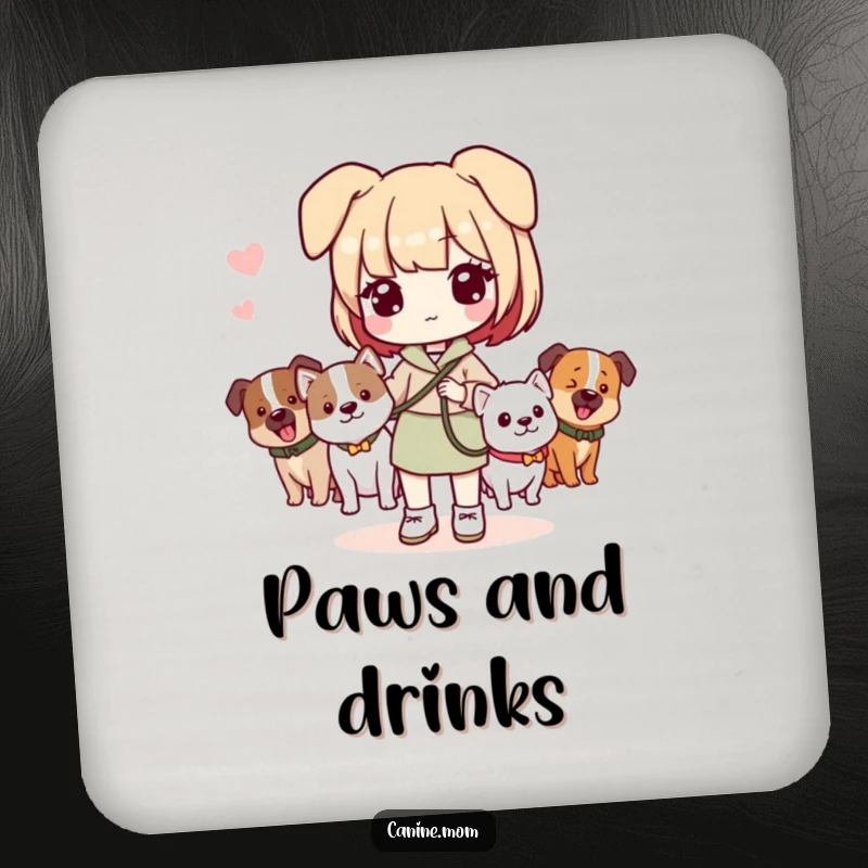 Funny drink coasters featuring a Kawaii dog lady holding a leash with dogs, adding a playful touch to drink service.