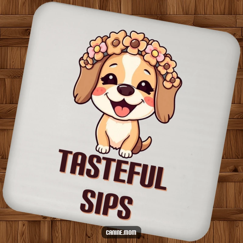 Funny dog lady drink coasters showing a joyful woman wearing a flower crown made of dog biscuits. Protects surfaces with humorous and sweet dog-themed art.