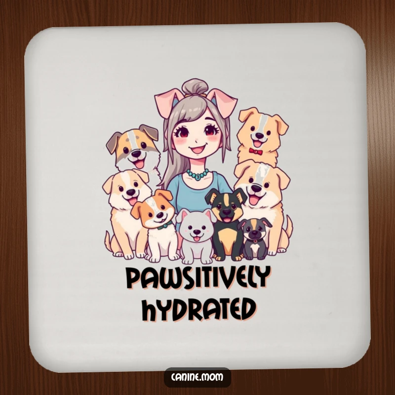 Funny drink coasters with a smiling dog lady surrounded by dogs, adding a touch of humor to any table.