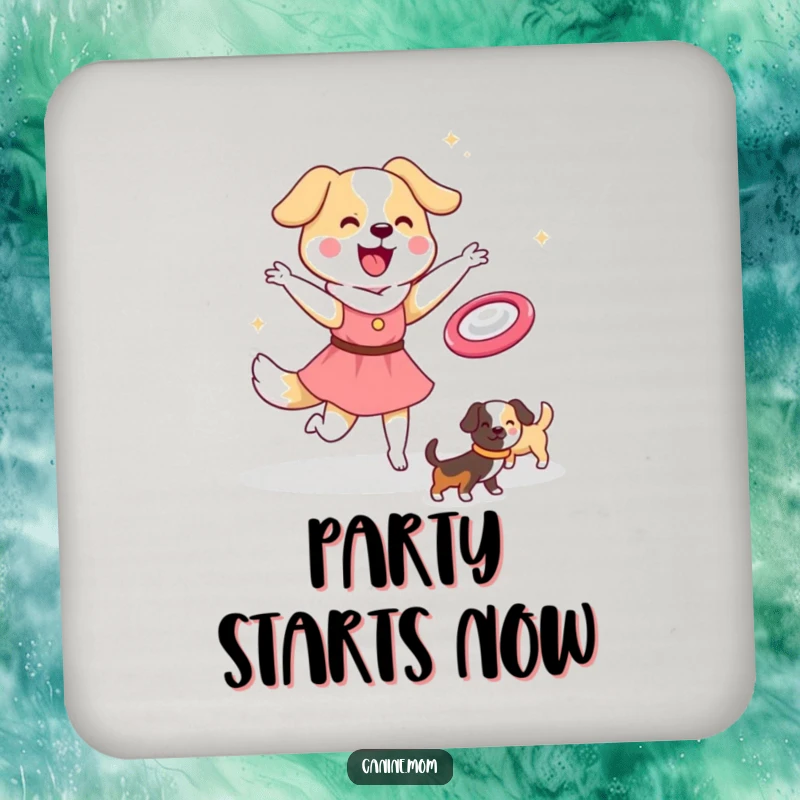 Funny Dog Lady Coaster: Kawaii character in action, throwing a frisbee to eager dogs. Protects surfaces with fun. Funny gift.