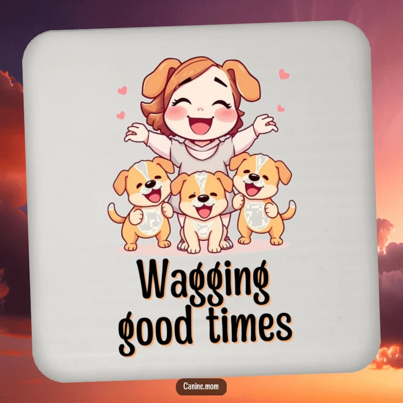 Funny dog lady drink coasters gleefully juggling three wagging puppies, adding humorous and charming protection to surfaces.