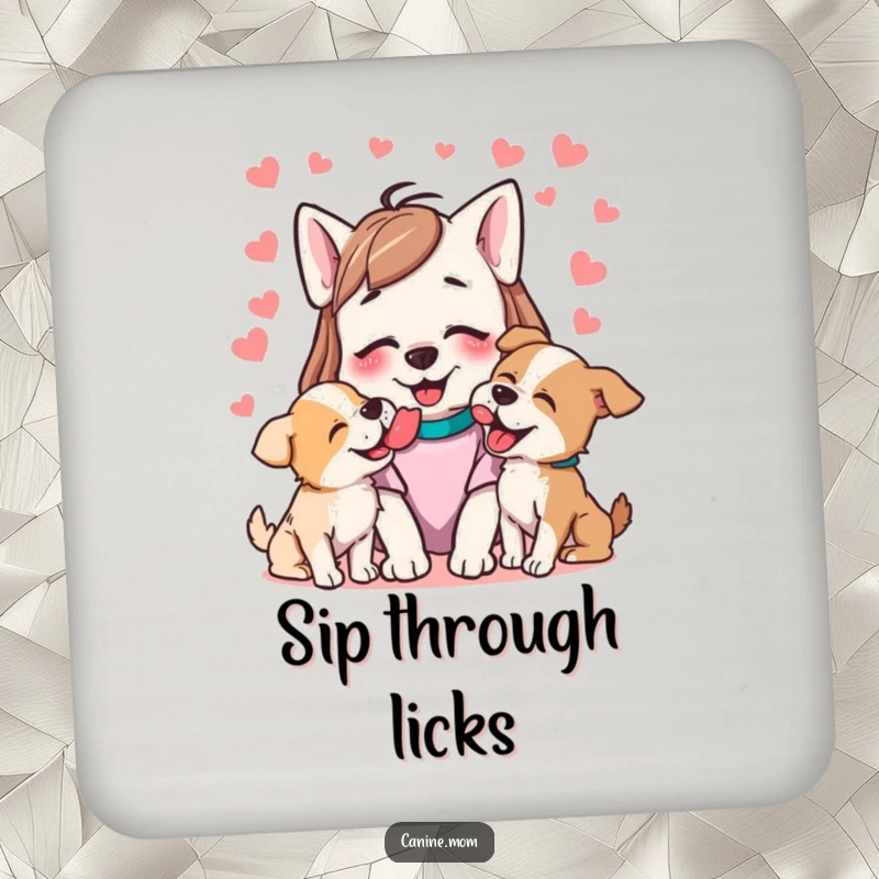 Funny drink coasters with a dog lady being showered with happy licks from dogs, perfect for table protection.