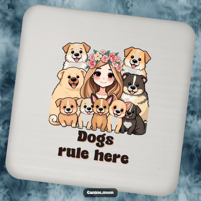 Funny Coasters: A woman in a flower crown, joyfully surrounded by several happy dogs, protecting surfaces.