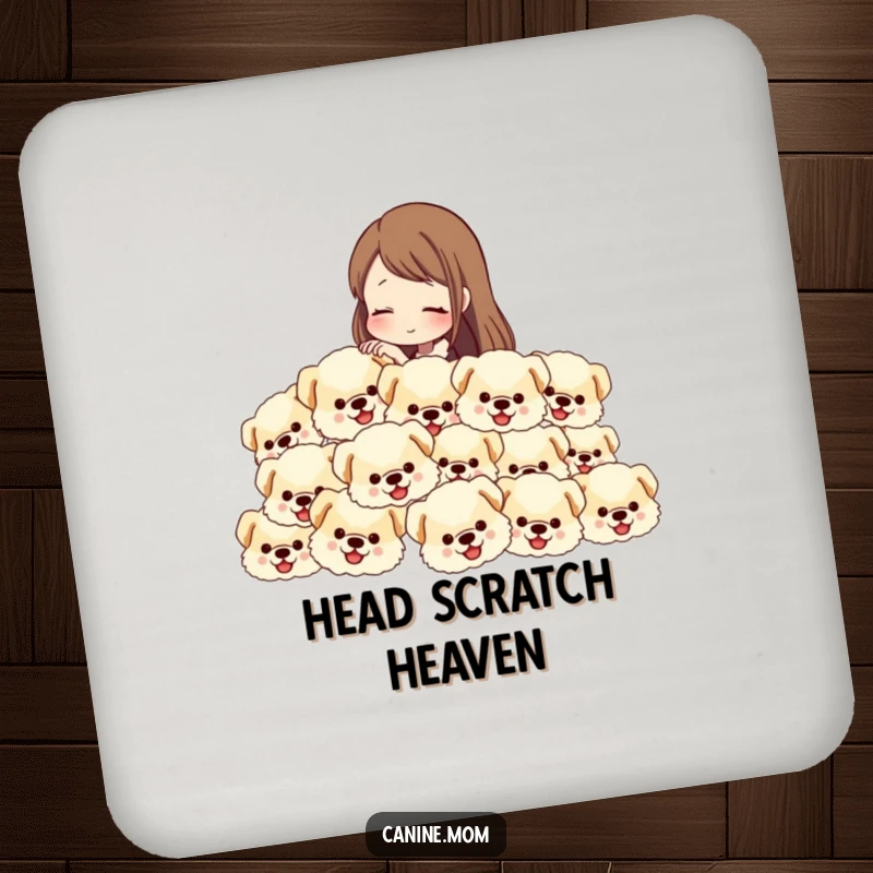 Funny drink coasters depicting a woman petting a wave of fluffy dog heads, offering humorous surface protection.