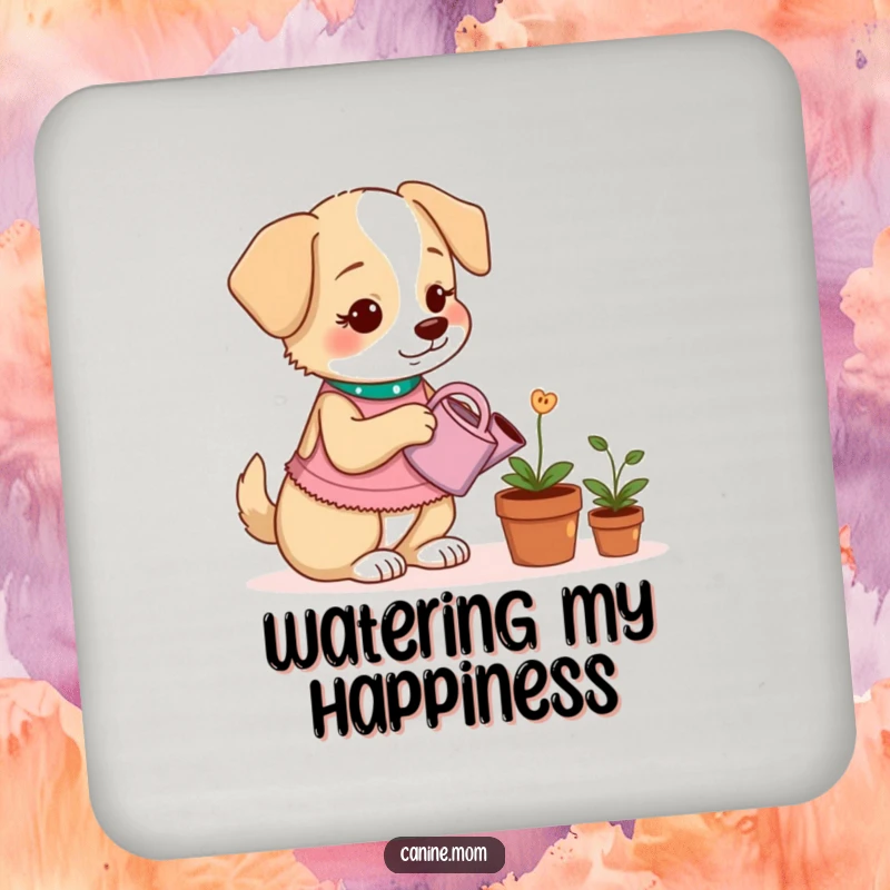 Funny drink coasters with a dog lady watering a potted plant that grows dog treats, perfect for table protection.