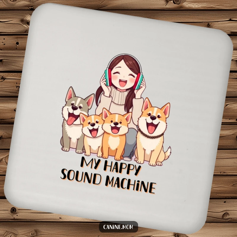 Funny drink coasters with a woman wearing earmuffs, unfazed by happy dog barks, protecting surfaces with humor.