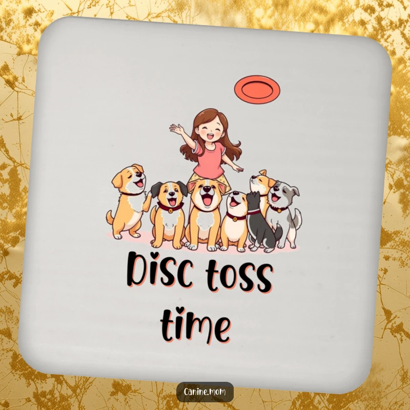 Funny Coasters: Woman throwing a frisbee, with excited dogs anticipating the catch, protecting surfaces.