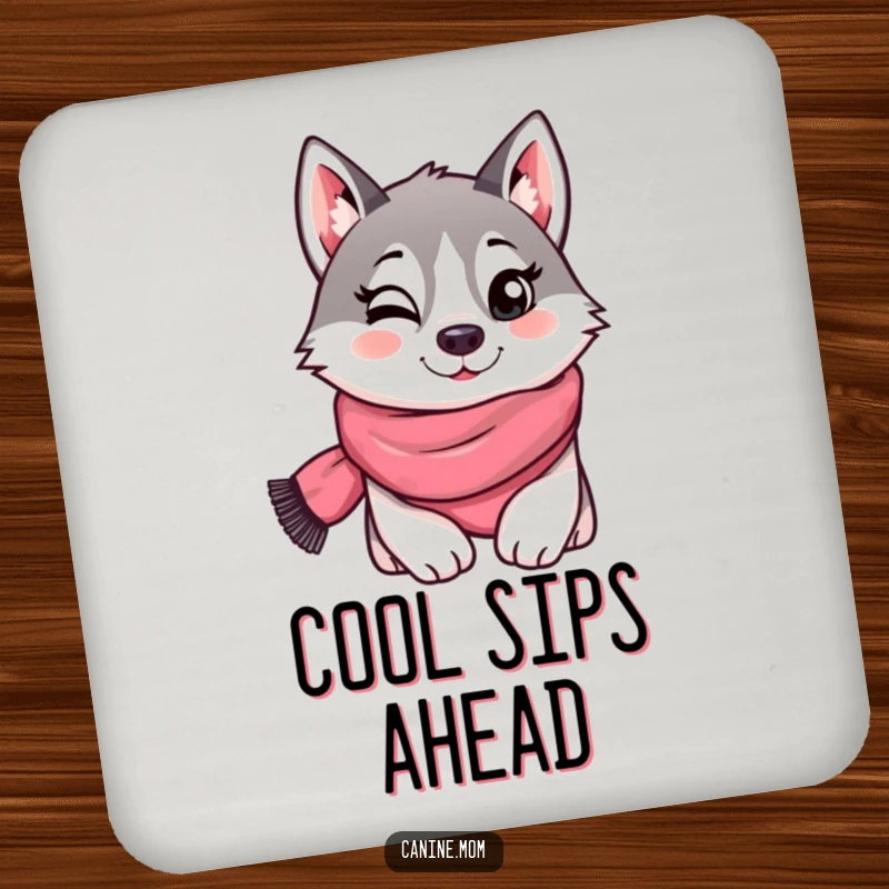 Funny drink coaster with a husky wearing a scarf and giving a playful wink, adding cool humor and surface protection. A delightful and practical item.