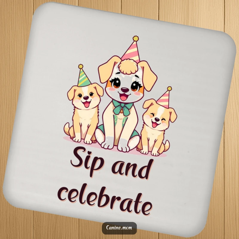 Funny kawaii dog lady character with dogs in party hats on a set of drink coasters, adding humor to surfaces.