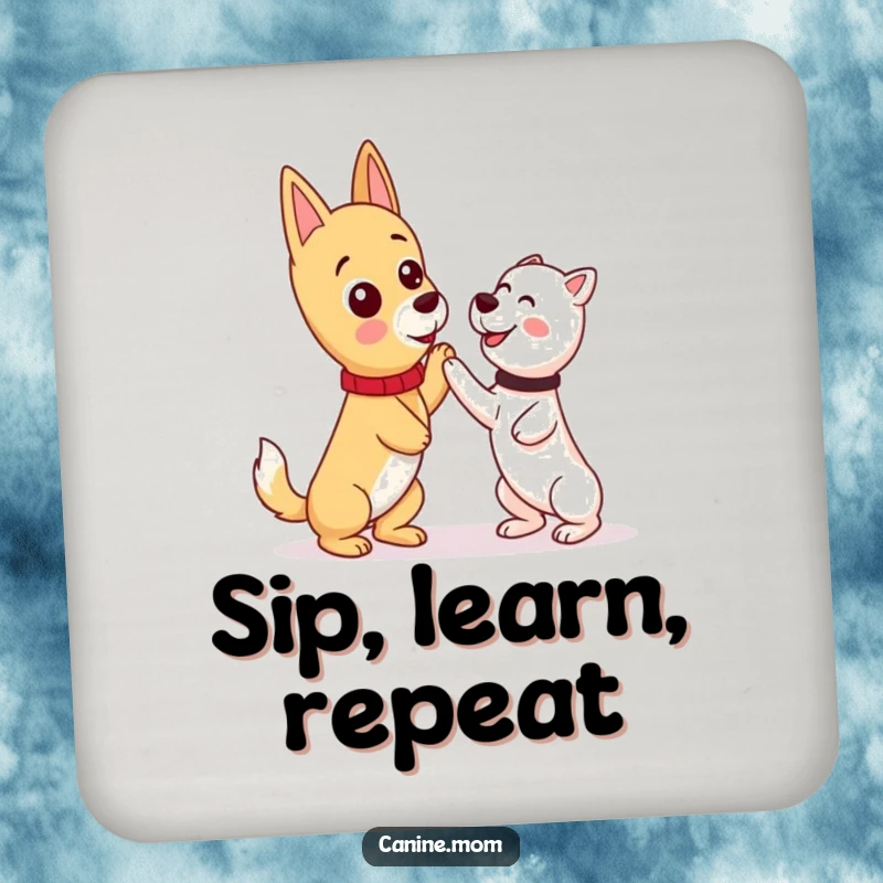 Funny kawaii dog lady character training a dog on a set of drink coasters, merging utility with humor.