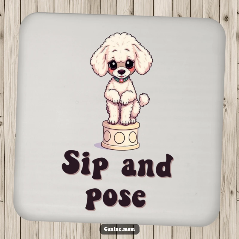 Funny Poodle Coasters: A curious poodle poses elegantly on a pedestal, designed to protect tables with sophisticated humor.