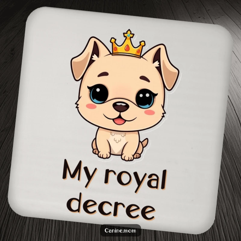 Funny drink coaster featuring a proud dog with a small crown, adding regal protection to surfaces, a funny gift.