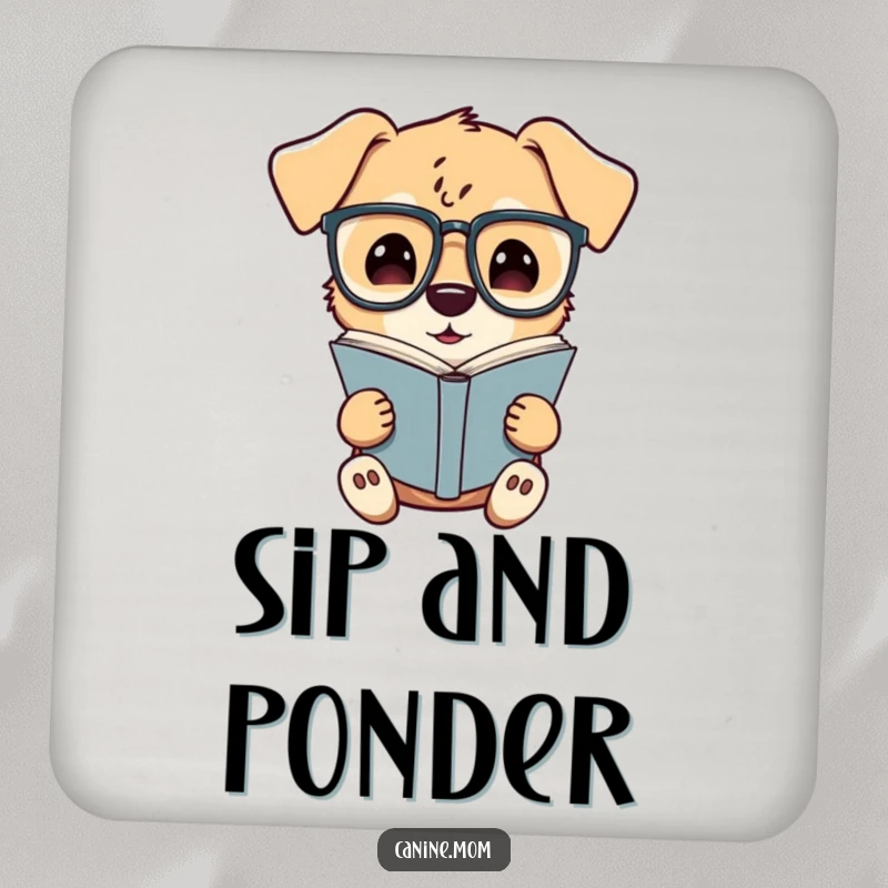 Funny drink coaster featuring a dog wearing spectacles, engrossed in reading a book, protecting furniture with scholarly humor.
