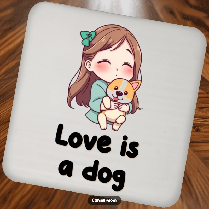 Funny drink coasters depicting a woman holding a dog and blowing a kiss, offering humorous and loving surface protection.