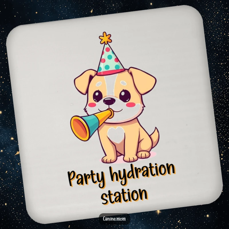 Funny drink coaster featuring a dog in a party hat, blowing a trumpet, adding fun to surfaces, a funny gift.