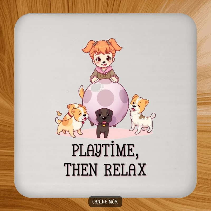 Funny drink coaster showing a dog lady holding a giant ball, surrounded by anticipating dogs, ready for a game of fetch.