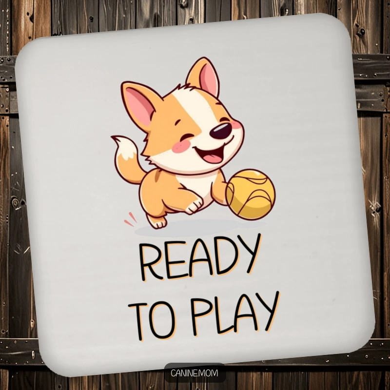 Funny dog drink coaster showing a happy dog intently focused on a bouncing ball, protecting your surfaces with style.