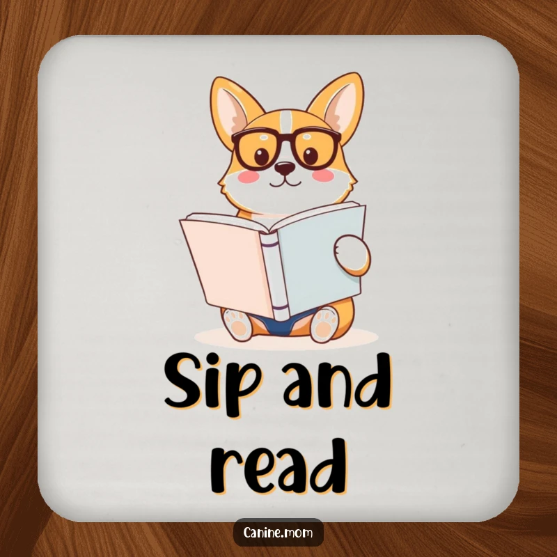 Funny Corgi Coasters, a corgi wearing spectacles reads a large book, offering smart and humorous protection for furniture.