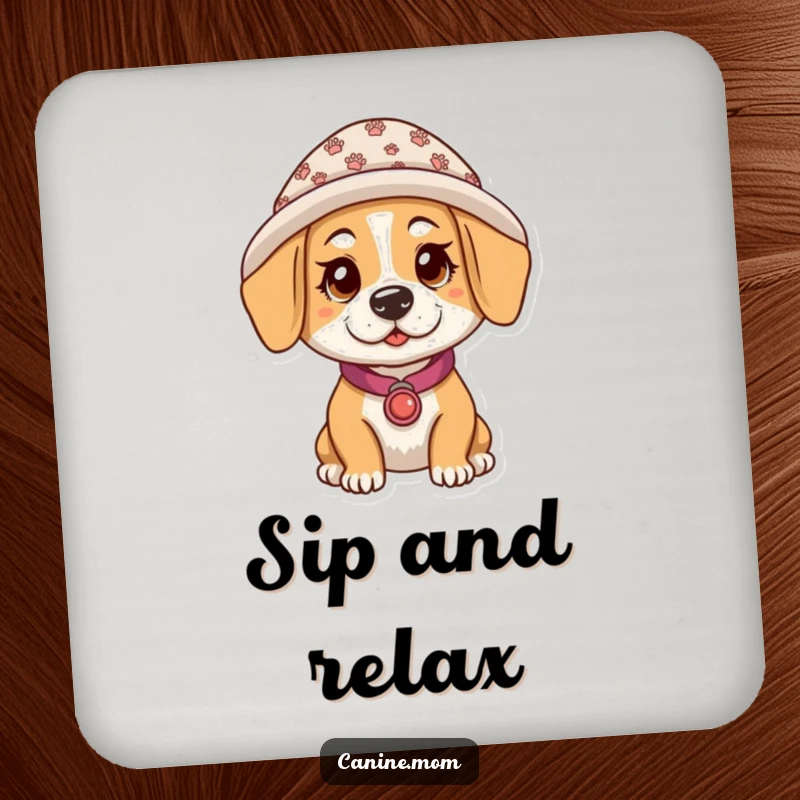 Funny drink coasters featuring a dog lady wearing a hat with paw prints, offering protection and humorous style for tables.