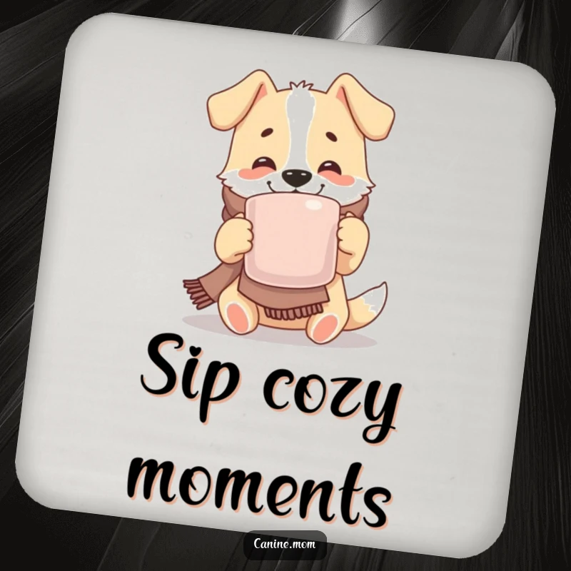 Funny drink coaster with a joyful dog in a cozy scarf, sipping from a large mug, protecting surfaces with warmth and cheer.