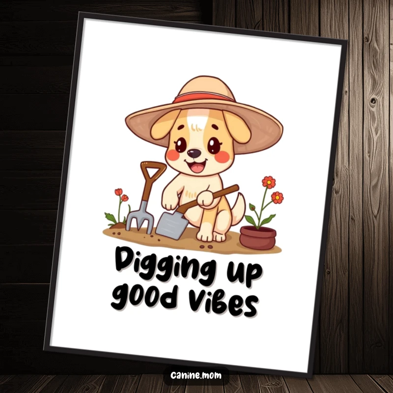 Funny dog poster of a happy character in a large floppy hat, gardening with a trowel, a garden scene.