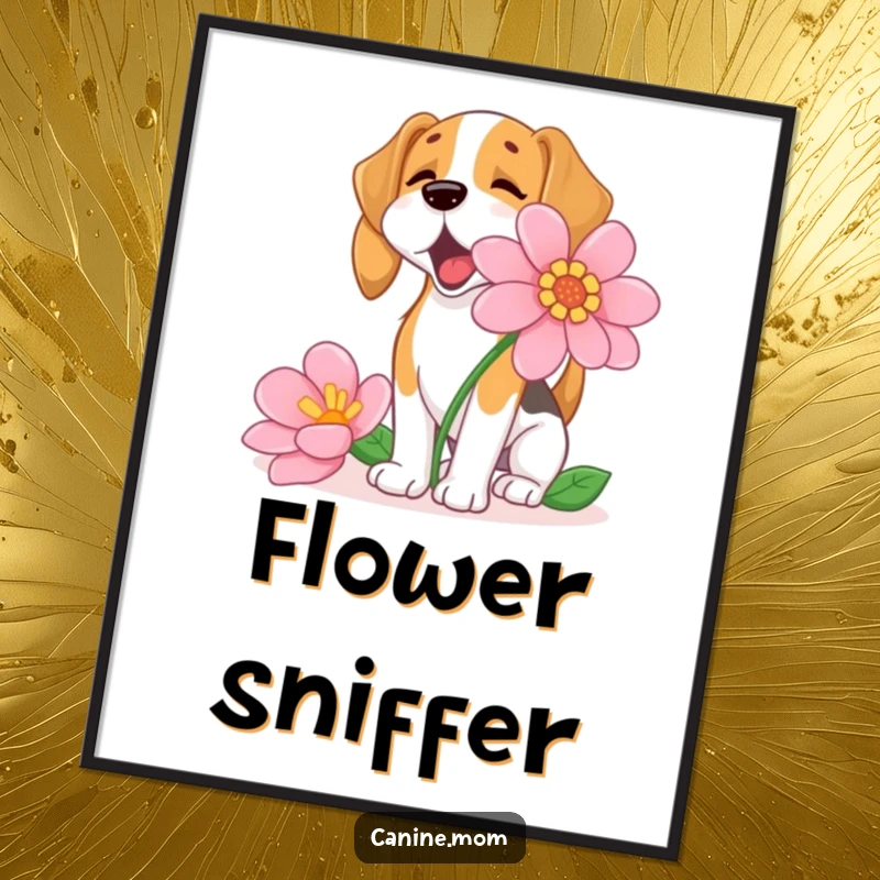 Funny Beagle Poster, ecstatically sniffing a massive flower, capturing a moment of pure olfactory joy and natural wonder.