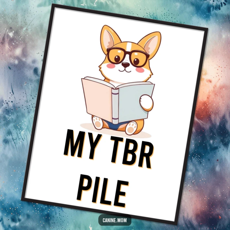 Funny Corgi Poster, wearing spectacles, absorbed in reading a substantial book, adding a wise and humorous touch to decor.