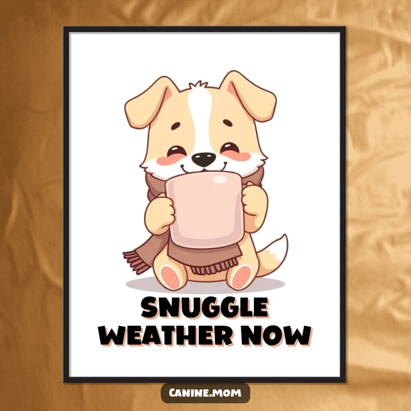 Funny poster of a joyful dog wearing a scarf, sipping from a large mug, bringing warmth, comfort, and cheerful ambiance to any wall.