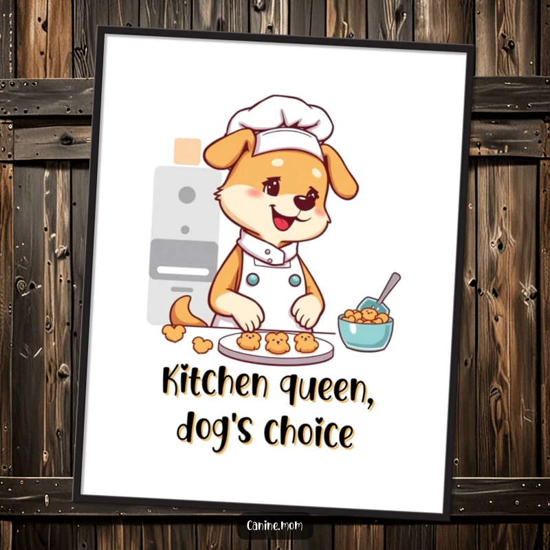 Funny poster of a dog lady chef with a big smile, busy making small dog-shaped cookies in a whimsical kitchen setting.