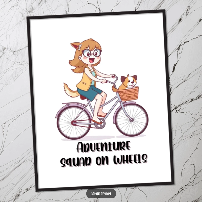 Funny poster of a cheerful dog lady on a bicycle, with a basket brimming with happy, panting dogs enjoying the breezy ride.