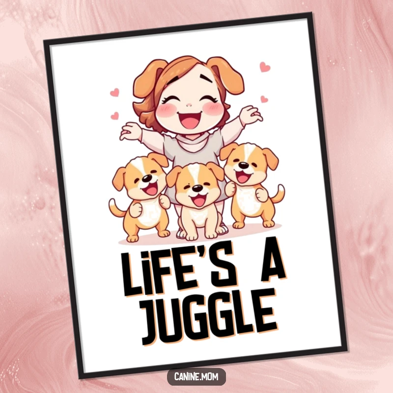 Funny dog lady poster print gleefully juggling three wagging puppies, perfect for adding humor and charm to decor.