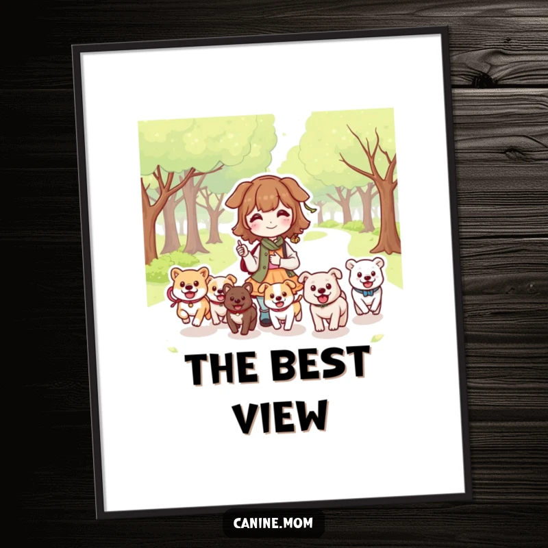 Funny Dog Lady Park Poster: A kawaii character observing happy dogs running in a park setting. Beautiful funny gift.
