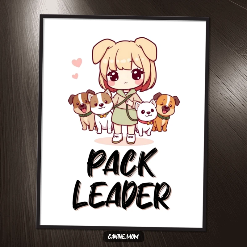 Funny poster of a Kawaii dog lady with a leash and multiple dogs, showcasing the delightful chaos of dog ownership.
