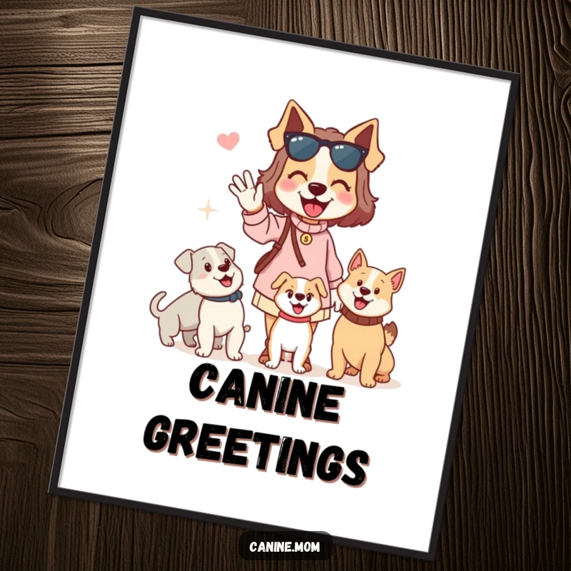 Funny dog lady poster showing a woman enthusiastically waving hello to passing dogs. Humorous wall art celebrating friendly interactions with dogs.