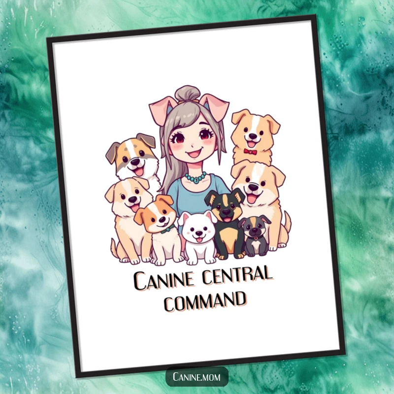 Funny poster of a smiling dog lady joyfully posing with a variety of happy dogs, creating a heartwarming scene.