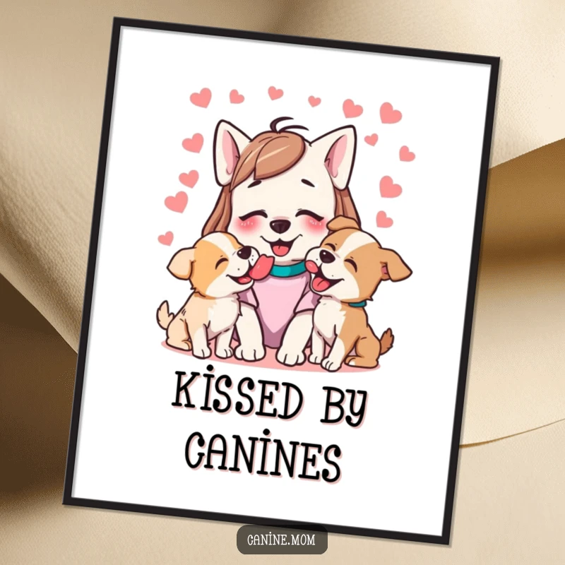 Funny poster showing a dog lady joyfully enduring a happy barrage of wet licks from several loving dogs.