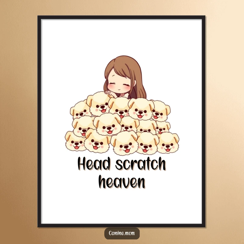 Funny poster art of a woman petting a surreal cascade of fluffy dog heads, a humorous and whimsical wall decoration.