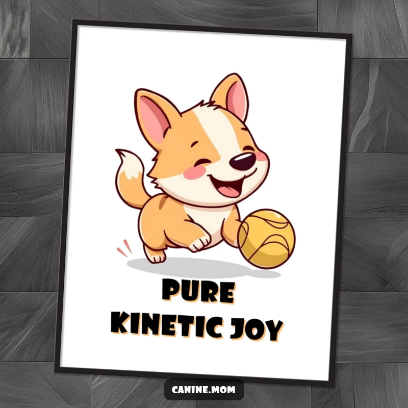 Funny dog poster capturing a dog mid-leap, eyes sparkling, chasing a vibrant ball, radiating pure happiness and playful energy.