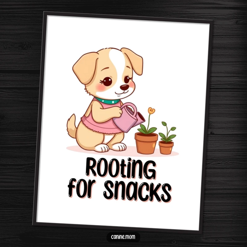 Funny poster illustrating a dog lady using a tiny watering can on a potted plant that grows dog treats.