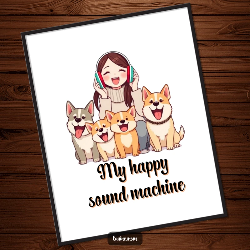 Funny poster art depicting a woman wearing earmuffs, a serene smile amidst a joyful symphony of barking dogs, humorous decor.